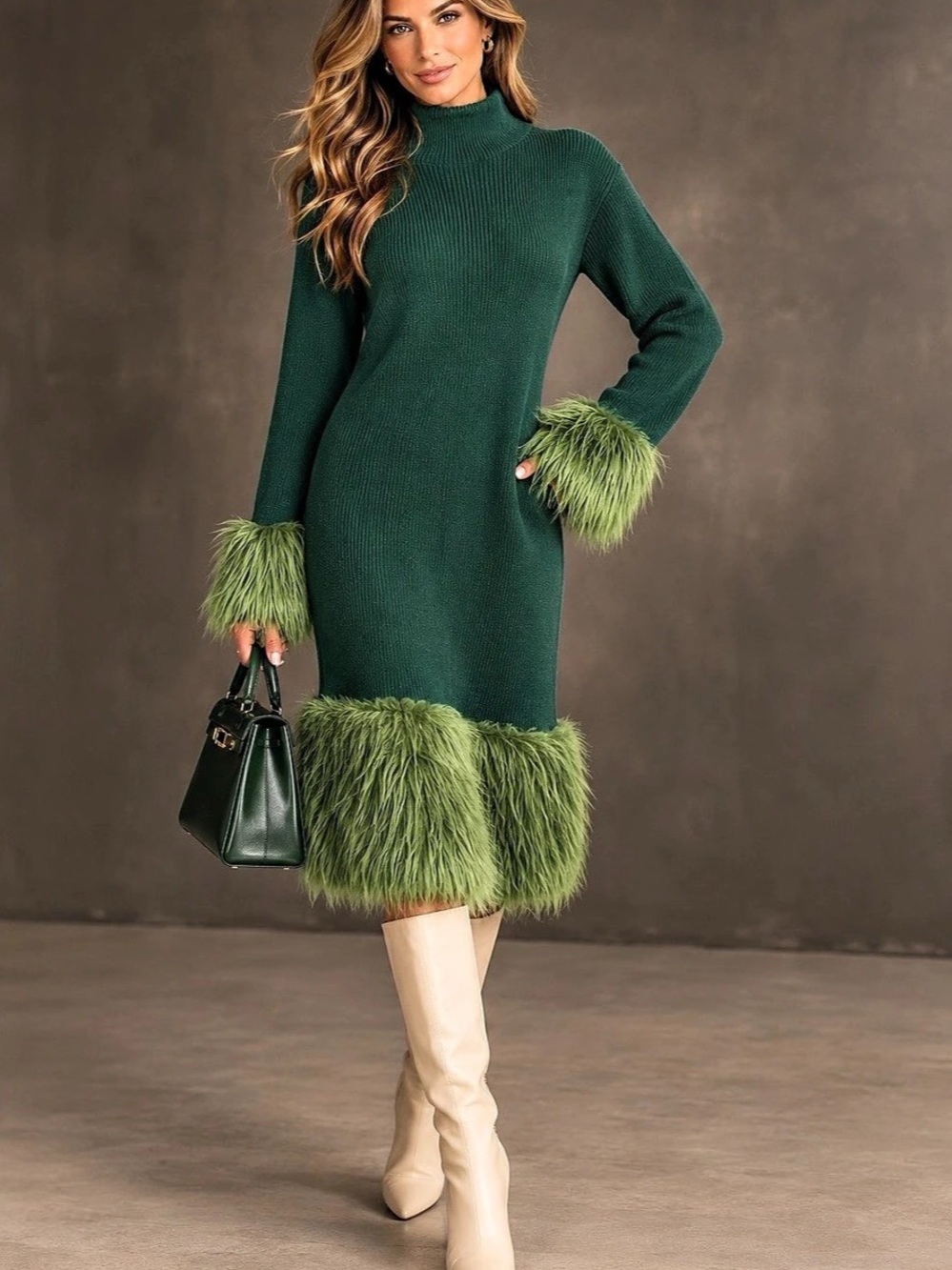 YOHERS Emerald Green Faux Fur Knit Sweater Dress NWT XL